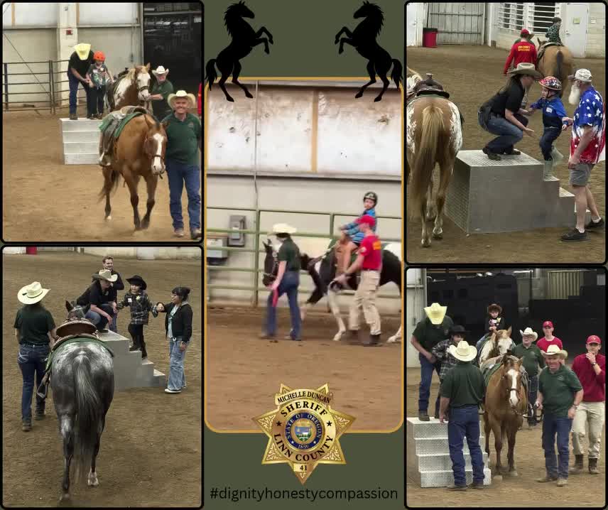 Collage of children riding horses with volunteers at Linn County Ride Night