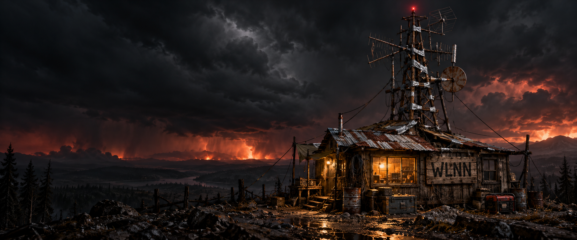 WLNN’s tin-roof broadcast shack and duct-taped scrap-metal radio tower beneath a stormy sky